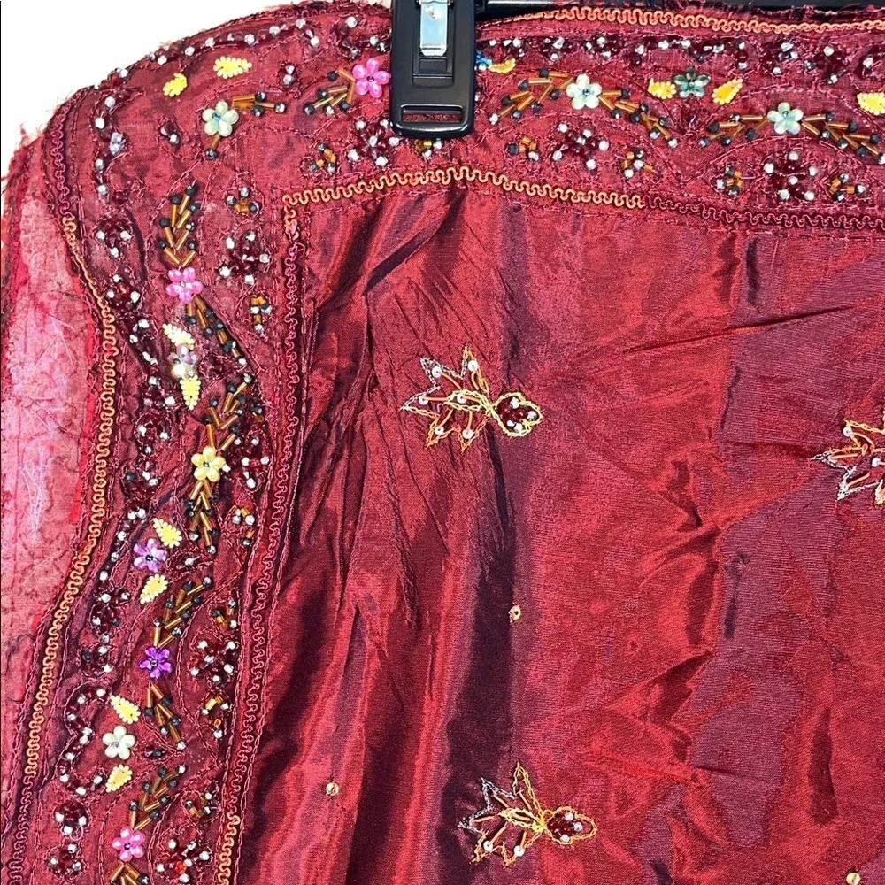Source Unknown large Burgundy beaded Embellished Scarf Sari wrap